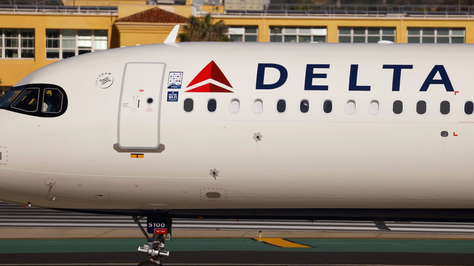 A Delta Air Lines Airbus A321 airplane taxis at San Diego International Airport after arriving from New York on December 6, 2025 in San Diego, California.