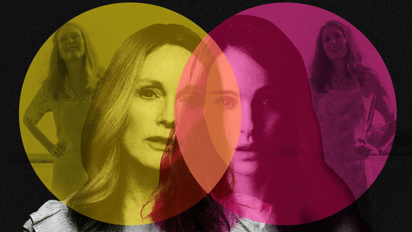 A photo illustration showing Julianne Moore as Gracie Atherton-Yoo and Natalie Portman as Elizabeth Berry in May December.