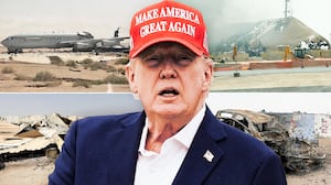 A photo composite of Donald Trump and U.S. military bases and material destroyed or damaged following Iranian strikes.