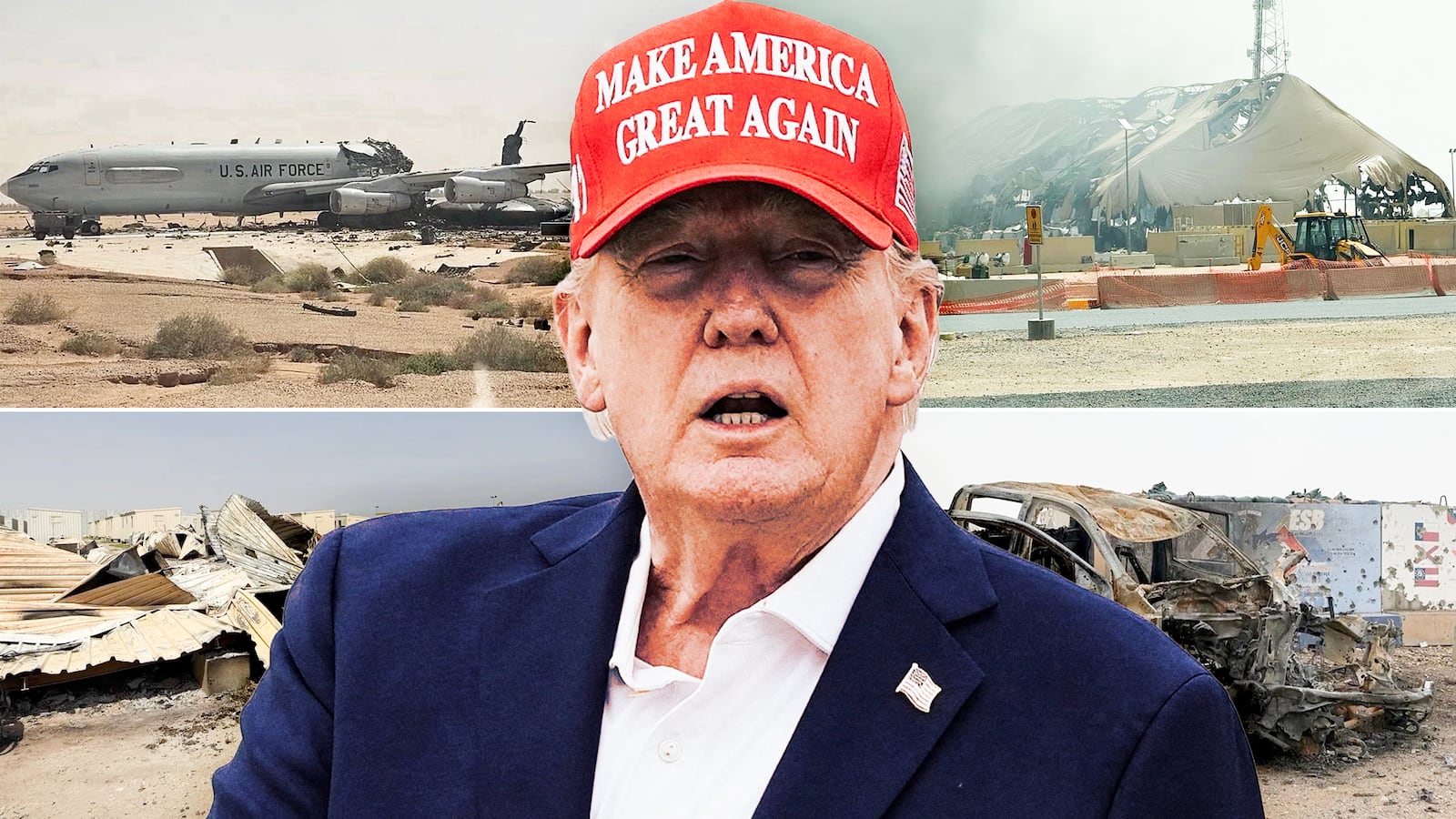 A photo composite of Donald Trump and U.S. military bases and material destroyed or damaged following Iranian strikes.