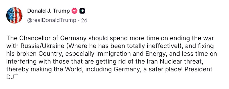 Trump rails against German Chancellor on Truth Social.