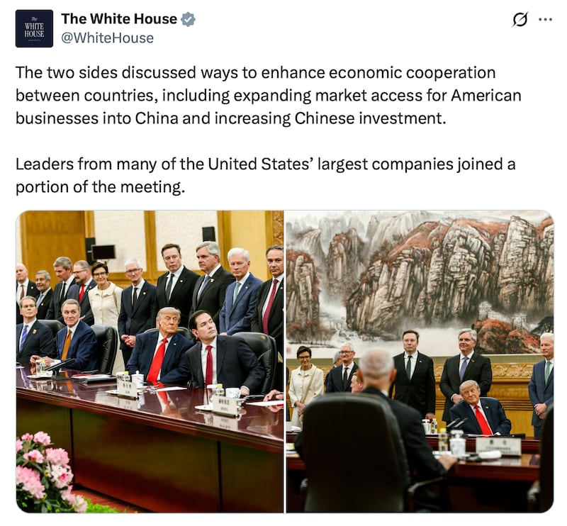 The White House share a picture of Trump with U.S. CEO's in China.