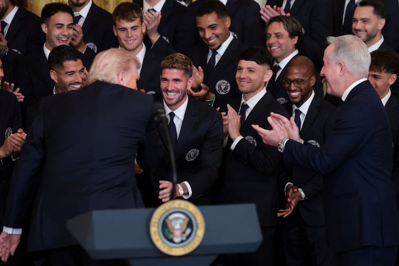 Inter Miami CF player Rodrigo de Paul reacts on the day U.S. President Donald Trump honors reigning Major League Soccer (MLS) champion Inter Miami CF players and team officials with an event in the East Room of the White House in Washington, D.C., U.S., March 5, 2026. REUTERS/Jonathan Ernst