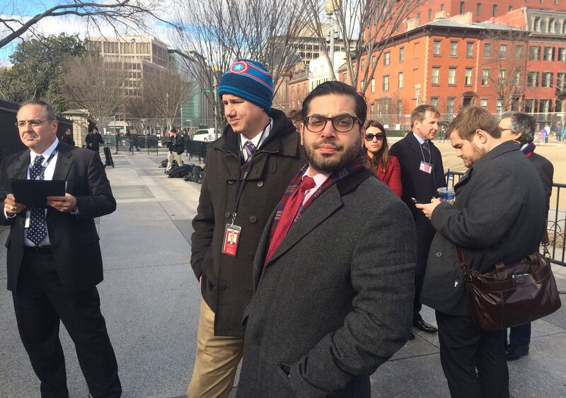 Raheem Kassam (third left) queuing to get into the White House ahead of
Prime Minister Theresa May's meeting with President Donald Trump.  (Photo by Stefan Rousseau/PA Images via Getty Images)