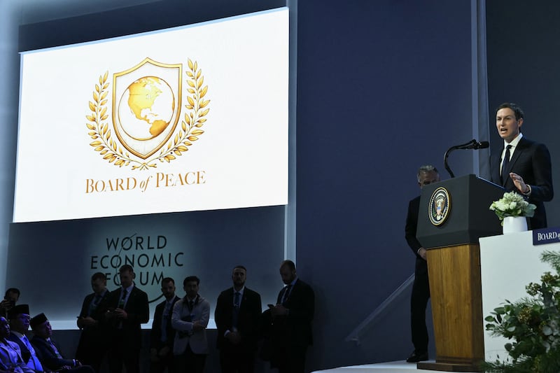 US businessman Jared Kushner speaks at the "Board of Peace" meeting during the World Economic Forum (WEF) annual meeting in Davos on January 22, 2026. US President Donald Trump will show off his new "Board of Peace" at Davos on January 22, 2026 burnishing his claim to be a peacemaker a day after backing off his own threats against Greenland. Originally meant to oversee the rebuilding of Gaza after the war between Hamas and Israel, the board's charter does not limit its role to the Strip, and has sparked concerns that Trump wants it to rival the United Nations. (Photo by Mandel NGAN / AFP via Getty Images)