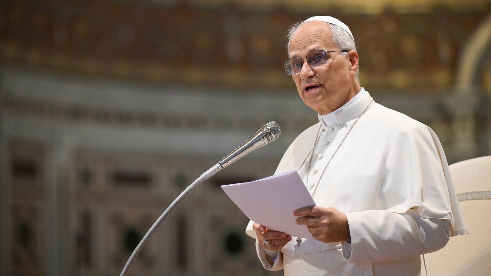 ROME, ITALY - SEPTEMBER 19: (EDITOR NOTE: STRICTLY EDITORIAL USE ONLY - NO MERCHANDISING). Pope Leo XIV addresses the Diocesan Assembly of Rome gathered in the Basilica of St John Lateran on September 19, 2025 in Rome, Italy. Speaking as Bishop of Rome, the Pope expressed his joy at meeting the diocesan community and thanked priests, deacons, consecrated men and women, and parish representatives for their dedication and witness. (Photo by Simone Risoluti - Vatican Media via Vatican Pool/Getty Images)