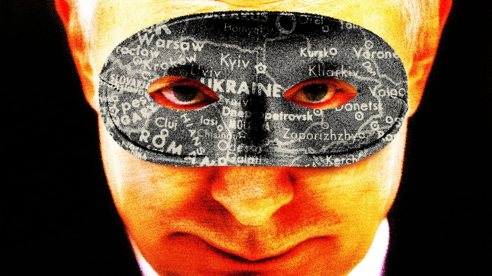 Close up photo of Vladimir Putin smiling with a black villain mask on his face overlayed with a map of Ukraine