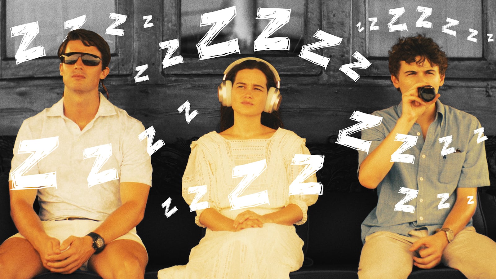 A photo illustration of Patrick Schwarzenegger, Sarah Catherine Hook, Sam Nivola on The White Lotus.