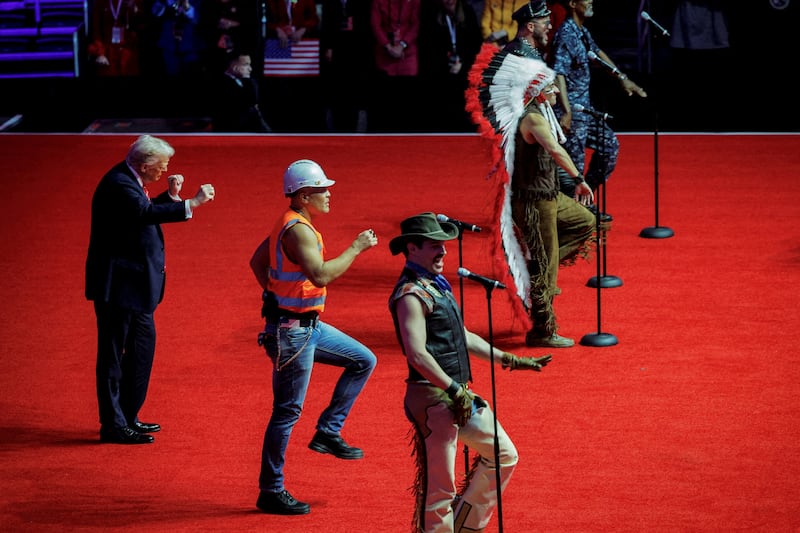 The U.S. President-elect Donald Trump dances onstage as the Village People perform during a rally the day before he is scheduled to be inaugurated for a second term, in Washington, U.S., January 19, 2025.