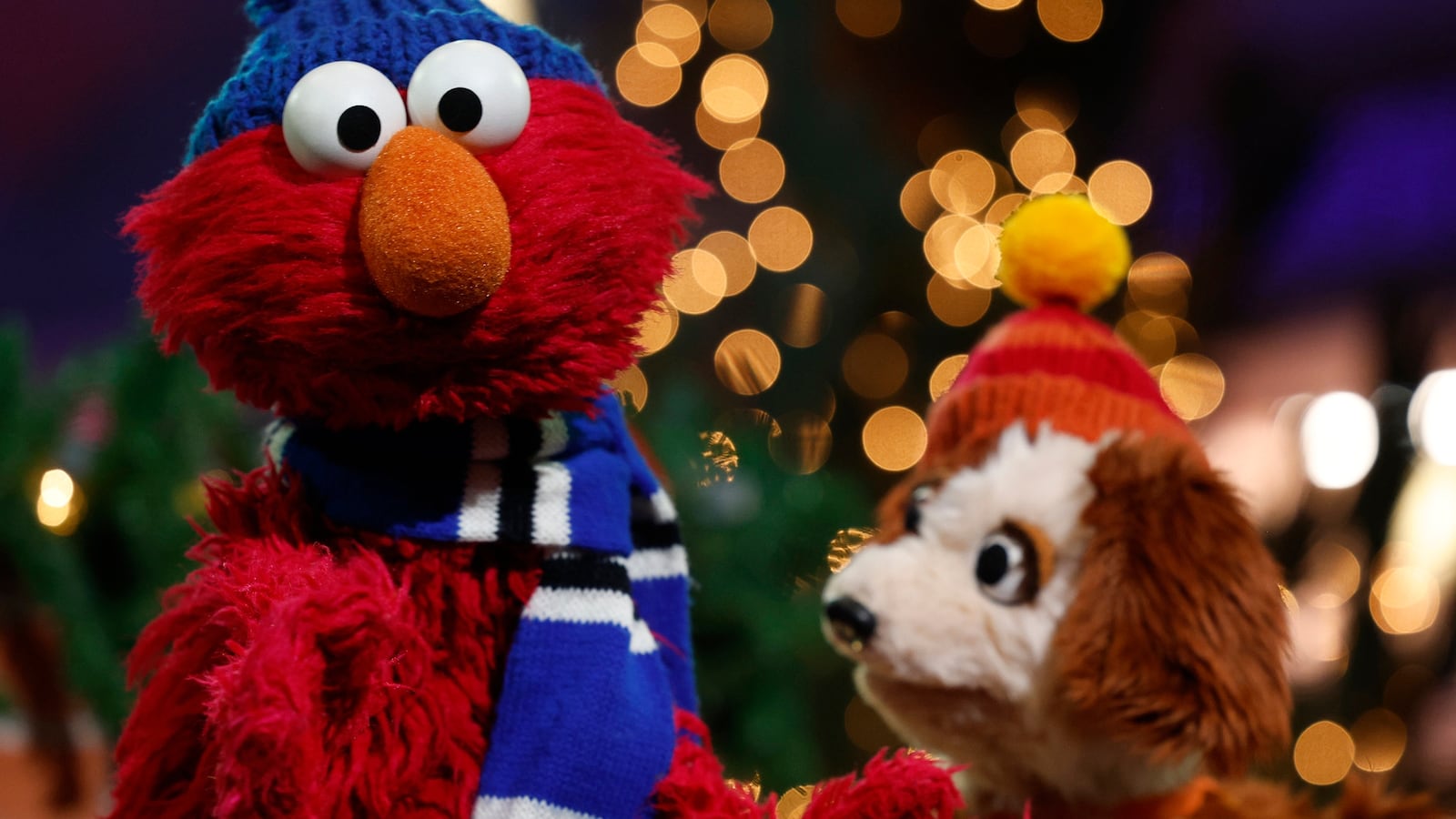 Muppets Elmo and Tango at Rockefeller Center in New York City.