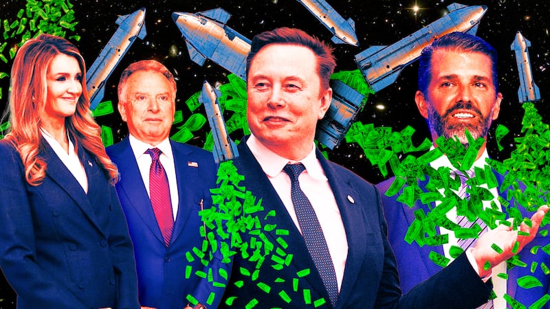 A photo illo illustration of Elon Musk, Kelly Loeffler, DJT Jr, and Steve Witkoff, and SpaceX rocketships.
