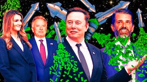 A photo illo illustration of Elon Musk, Kelly Loeffler, DJT Jr, and Steve Witkoff, and SpaceX rocketships.