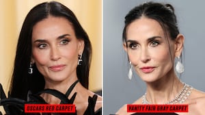 Demi Moore at the Academy Awards red carpet vs. the Vanity Fair Oscar Party gray carpet