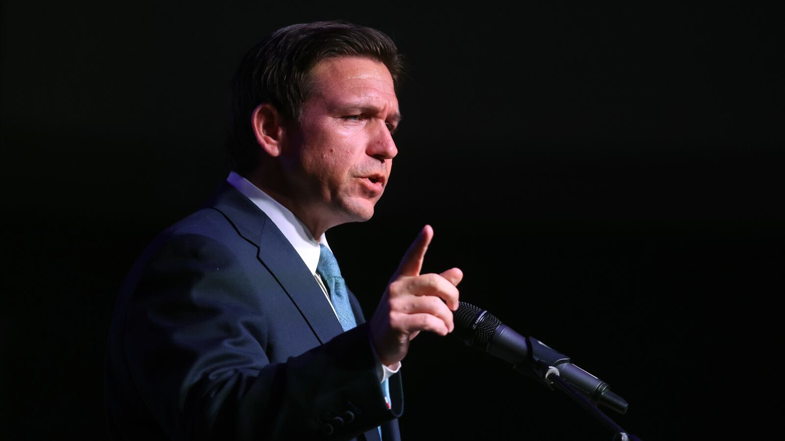 Florida Governor Ron DeSantis speaks to guests at the Republican Party of Marathon County Lincoln Day Dinner annual fundraiser on May 06, 2023 in Rothschild, Wisconsin.