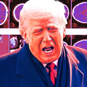 A photo illustration of Donald Trump in front of generic brain scans.
