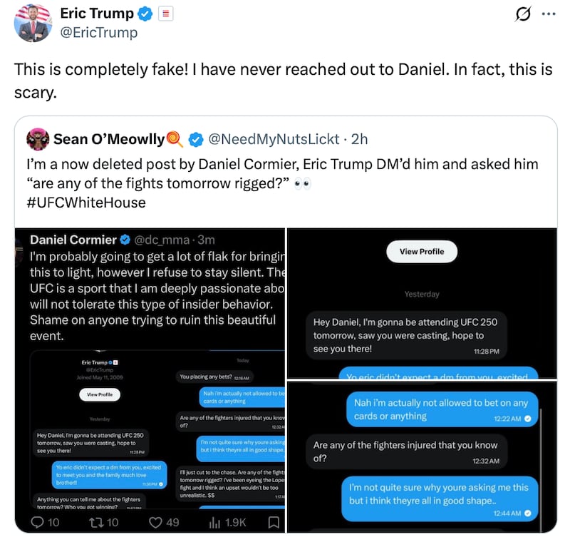 Eric Trump calls out a "completely fake" string of DMs posted on X.