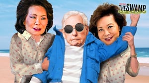 A photo illustration of Elaine Chao and Mitch McConnell as Weekend At Bernie's for The Swamp.