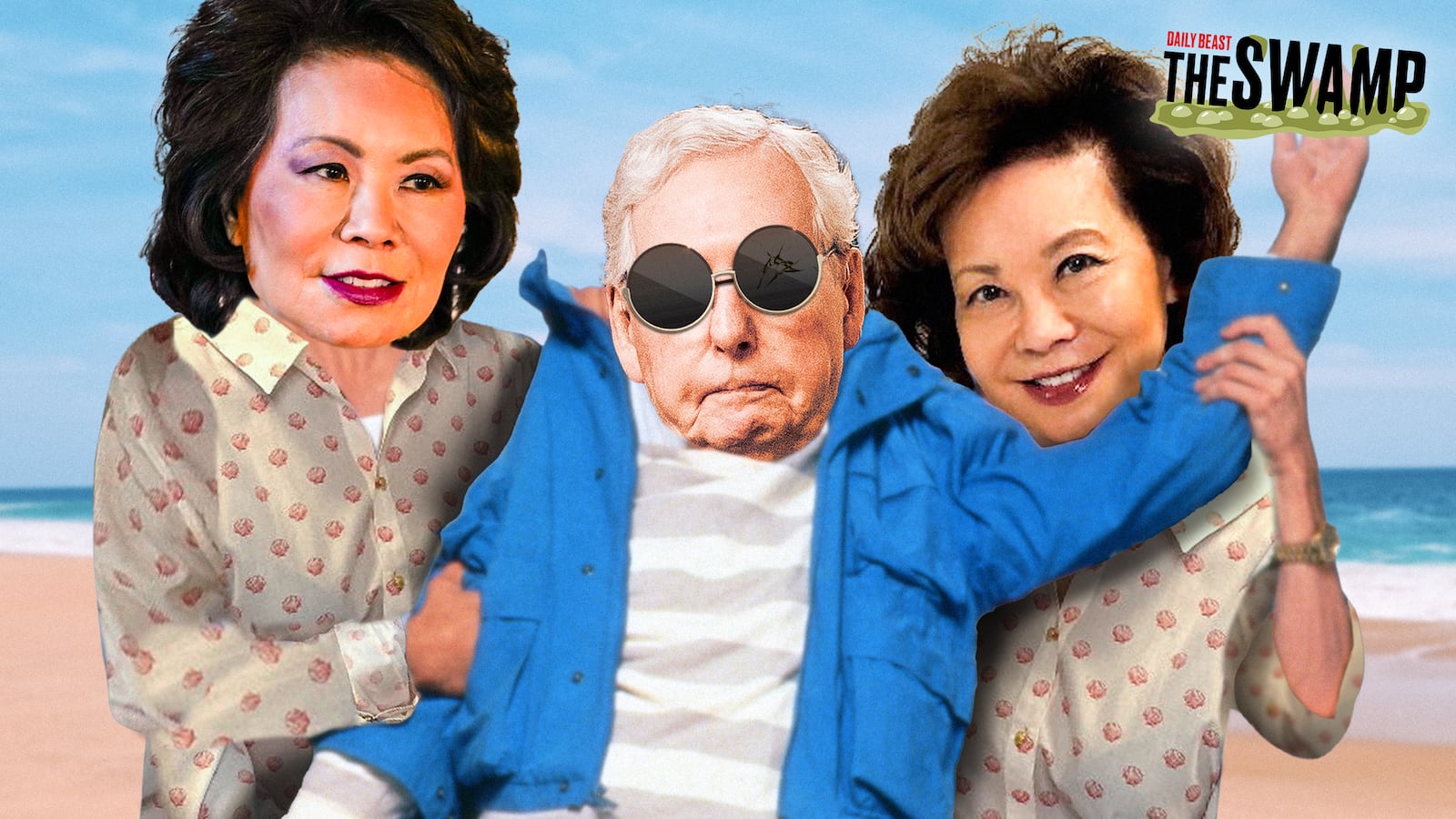 A photo illustration of Elaine Chao and Mitch McConnell as Weekend At Bernie's for The Swamp.