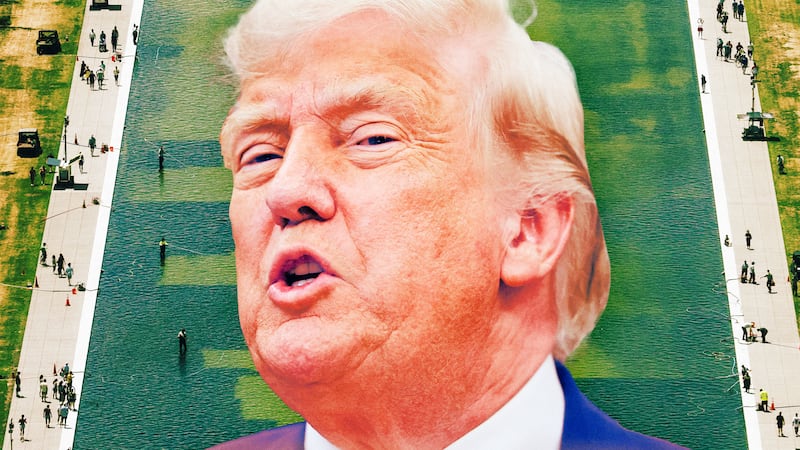 A photo illo illustration of Donald Trump and the D.C. reflecting pool.