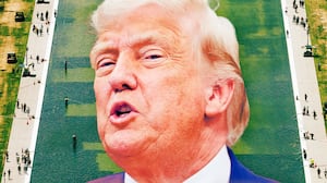 A photo illo illustration of Donald Trump and the D.C. reflecting pool.