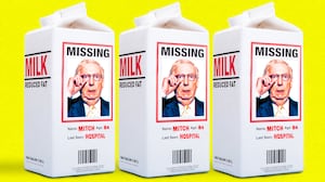 A photo illo illustration of Mitch McConnell on a missing milk carton.