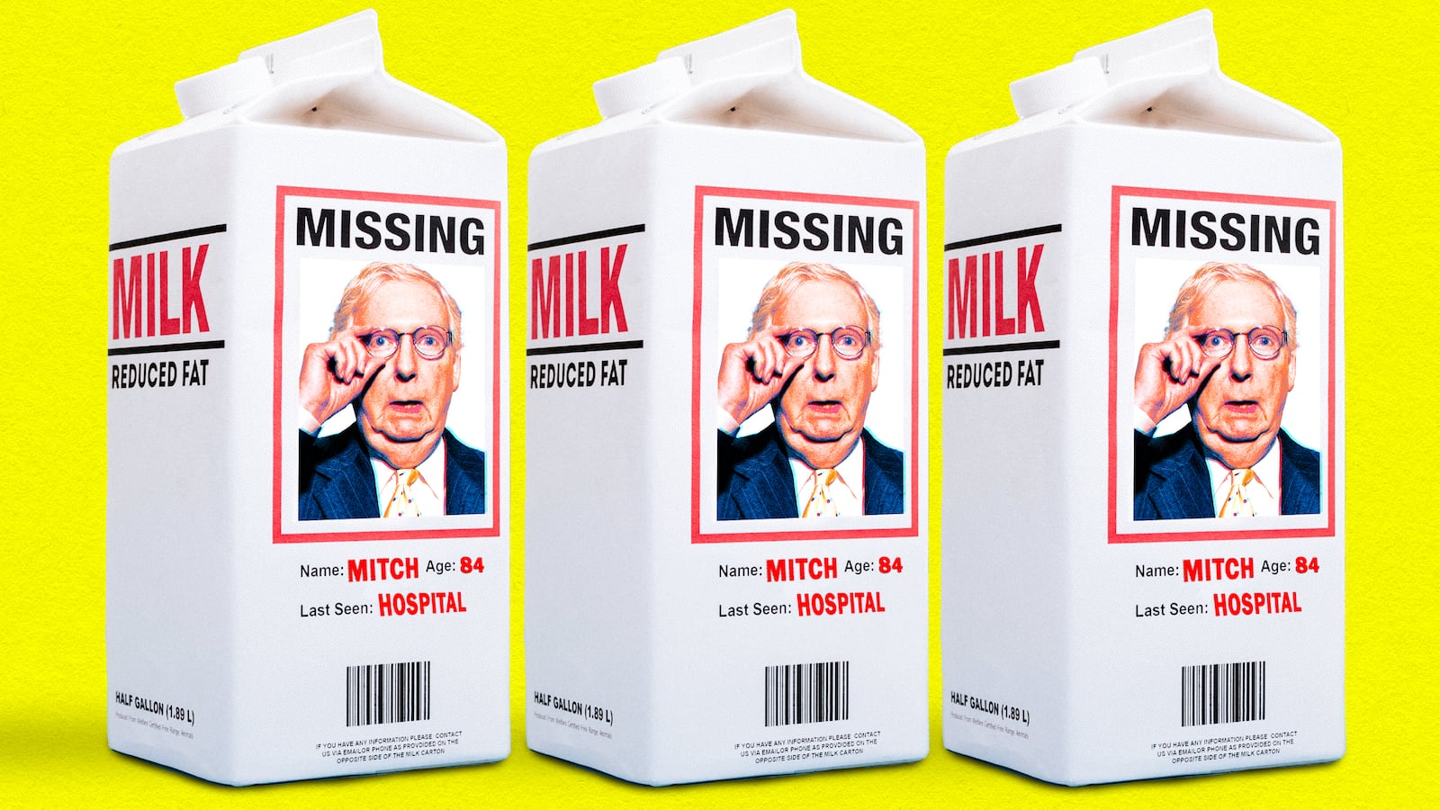 A photo illo illustration of Mitch McConnell on a missing milk carton.