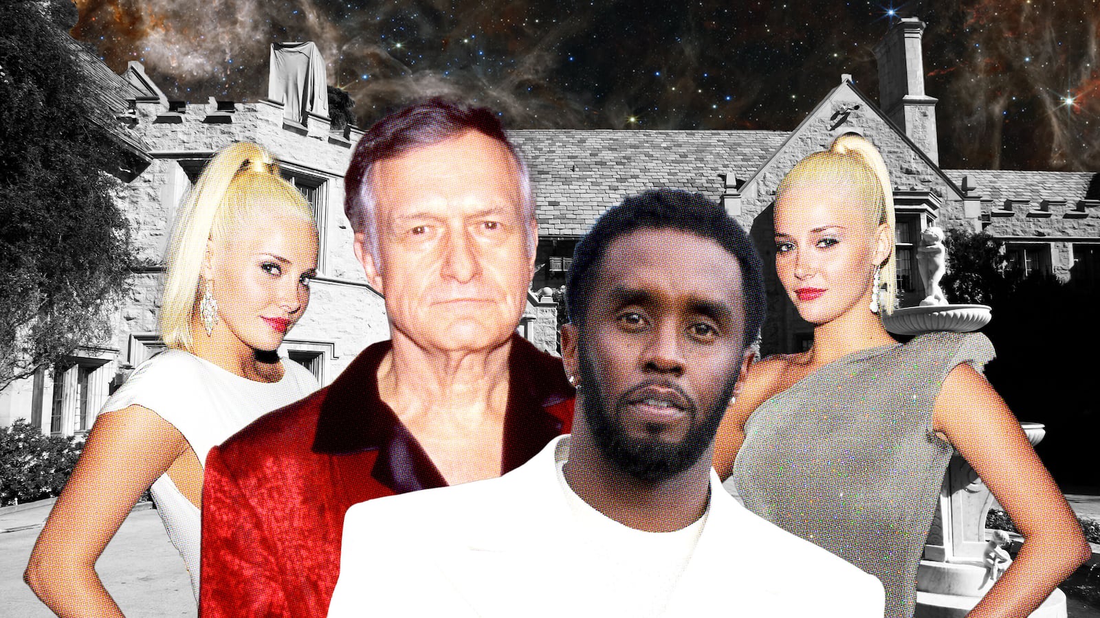 Hugh Hefner, Kristina Shannon and Karissa Shannon, and Diddy in front of the Playboy Mansion with stars in the sky