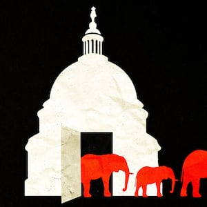 Red elephants walking out of a door in the Capitol building dome