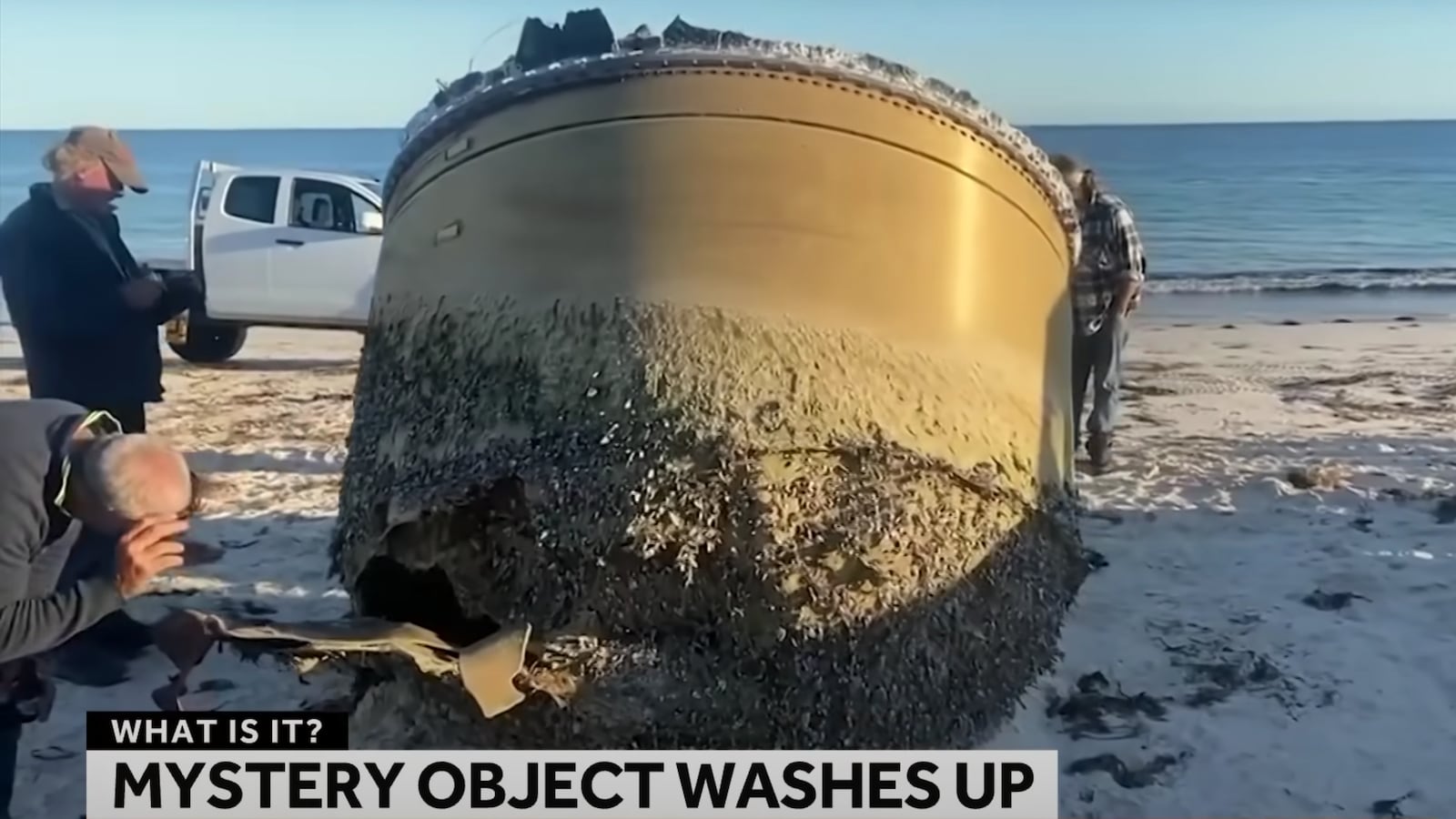 A mysterious object which appeared on Green Head beach in Western Australia, theorized to be part of India’s Polar Satellite Launch Vehicle rocket.