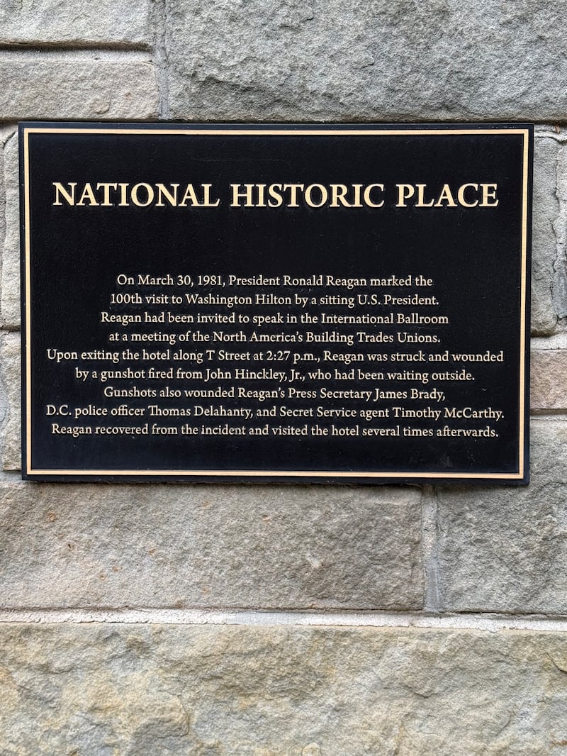 A sign outside the Washington Hilton commemorates Hinckley’s 1981 attack on Reagan.