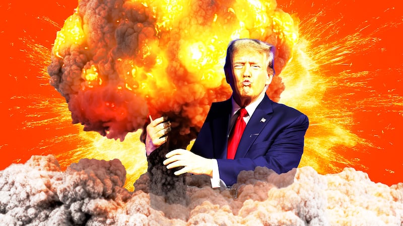 Illo illustration of Donald Trump hugging a mushroom cloud explosion