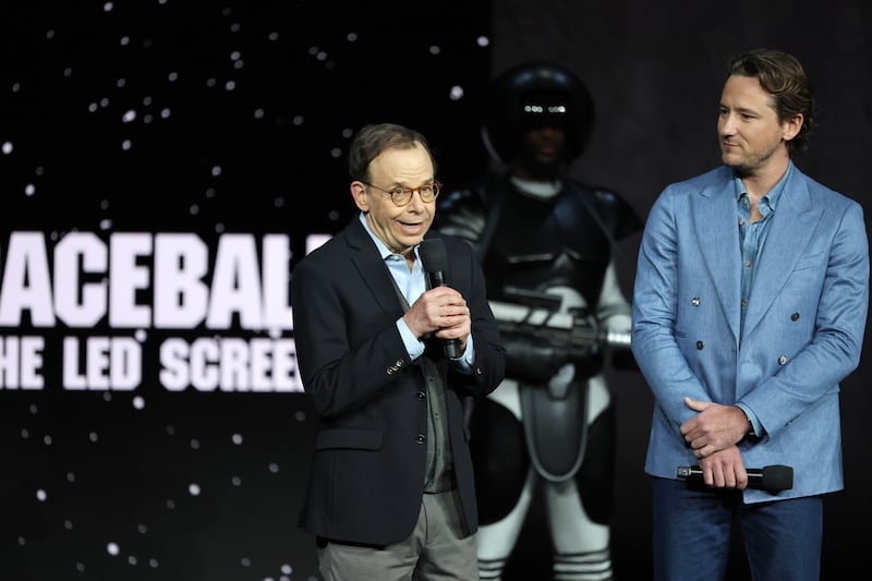 Rick Moranis and Lewis Pullman promote the upcoming film "Spaceballs 2" at the Amazon MGM Studios presentation at The Dolby Colosseum at Caesars Palace during CinemaCon, the official convention of Cinema United, on April 15, 2026 in Las Vegas, Nevada.