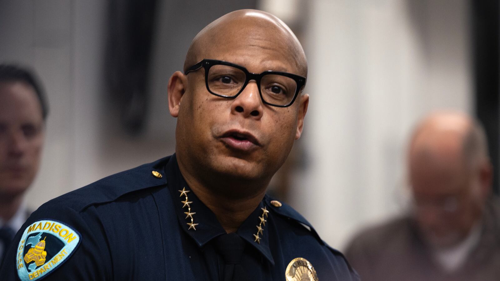 Madison Police Chief Shon Barnes speaks to the media about the shooting at the Abundant Life Christian School on December 16, 2024 in Madison, Wisconsin. A student and teacher were shot and killed and the alleged shooter, a 15-year-old female who police say was a student at the school, was found dead at the scene, according to published reports. Six others were injured with two in critical condition, the reports said.