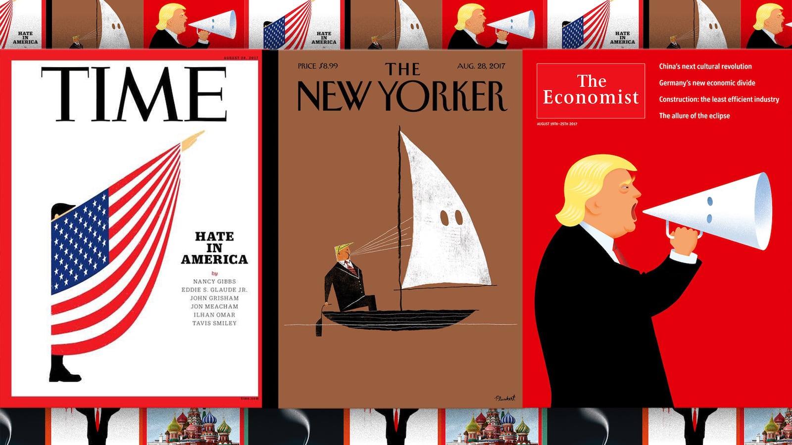 The New Yorker, Time and Economist magazines inevitably wanted to feature Donald Trump's white supremacy speech on their covers. Then the challenge was to find the perfect image.
