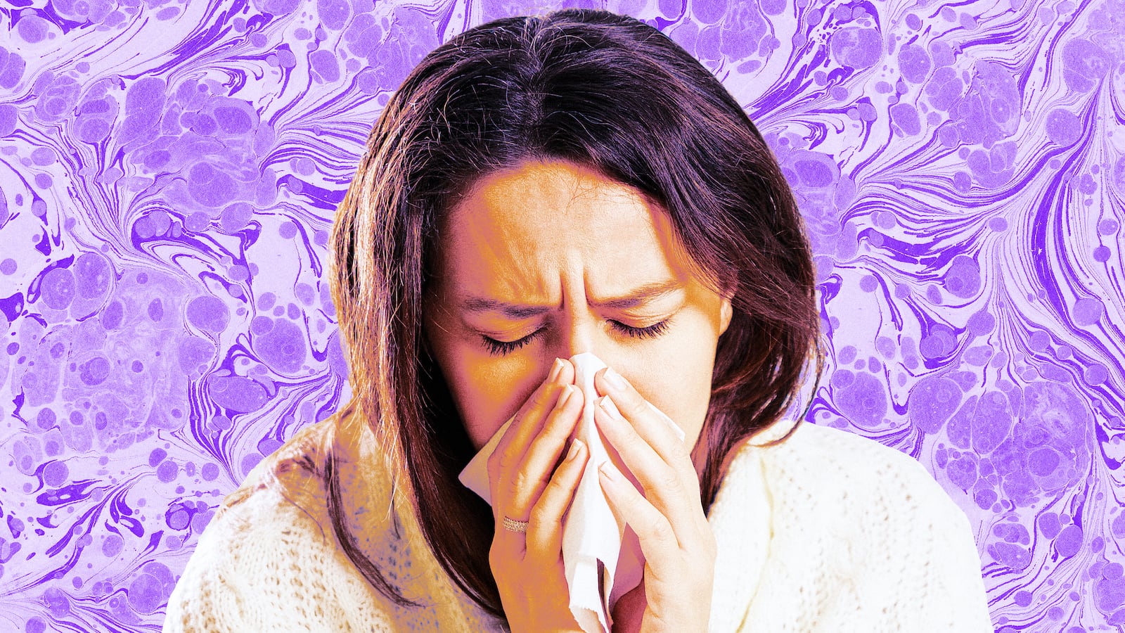 A photo illustration of a sick woman blowing her nose.