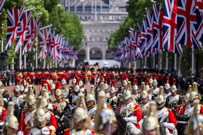 Members of the Household Division march along The Mall during the Trooping the Colour parade to honour Britain's King Charles, as part of the official birthday celebrations, in London, Britain, June 13, 2026. REUTERS/Chris J. Ratcliffe