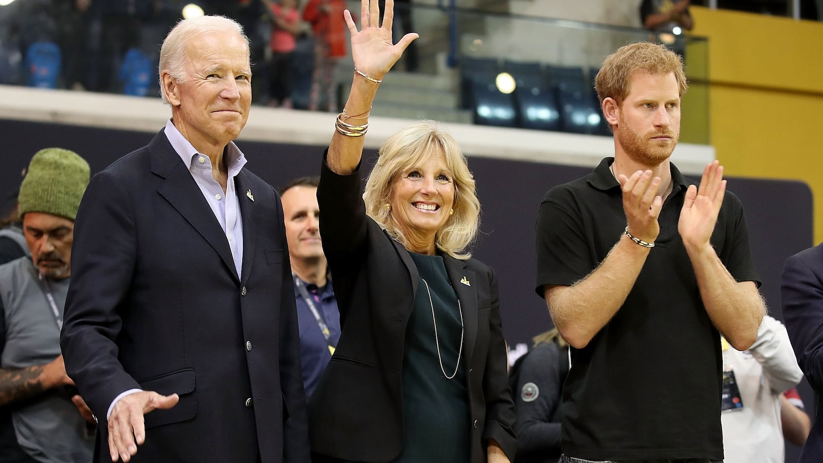 TORONTO, ON - SEPTEMBER 30: Joe Biden, Jill Biden and Prince Harry congratulate the competitors at the Wheelchair Basketball Finals during the Invictus Games 2017 at Mattamy Athletic Centre on September 30, 2017 in Toronto, Canada. (Photo by Chris Jackson/Getty Images for the Invictus Games Foundation )