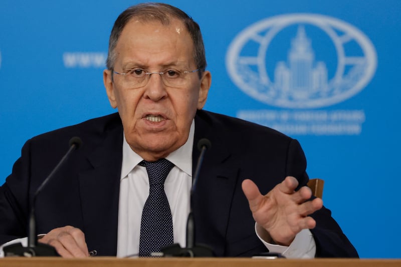 Russian Foreign Minister Sergei Lavrov delivers his annual end-of-year press conference at the Russian Foreign Ministry headquarters in Moscow on January 20, 2026. (Photo by TATYANA MAKEYEVA / AFP via Getty Images)