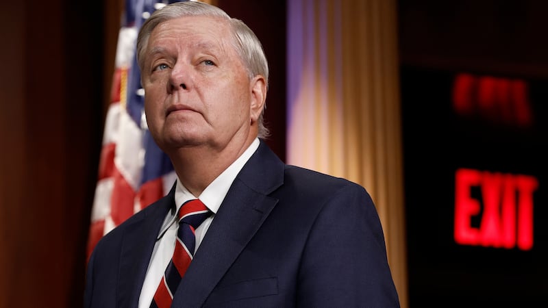Sen. Lindsey Graham (R-SC) listens during a news conference at the U.S. Capitol Building on July 19, 2023 in Washington, DC.