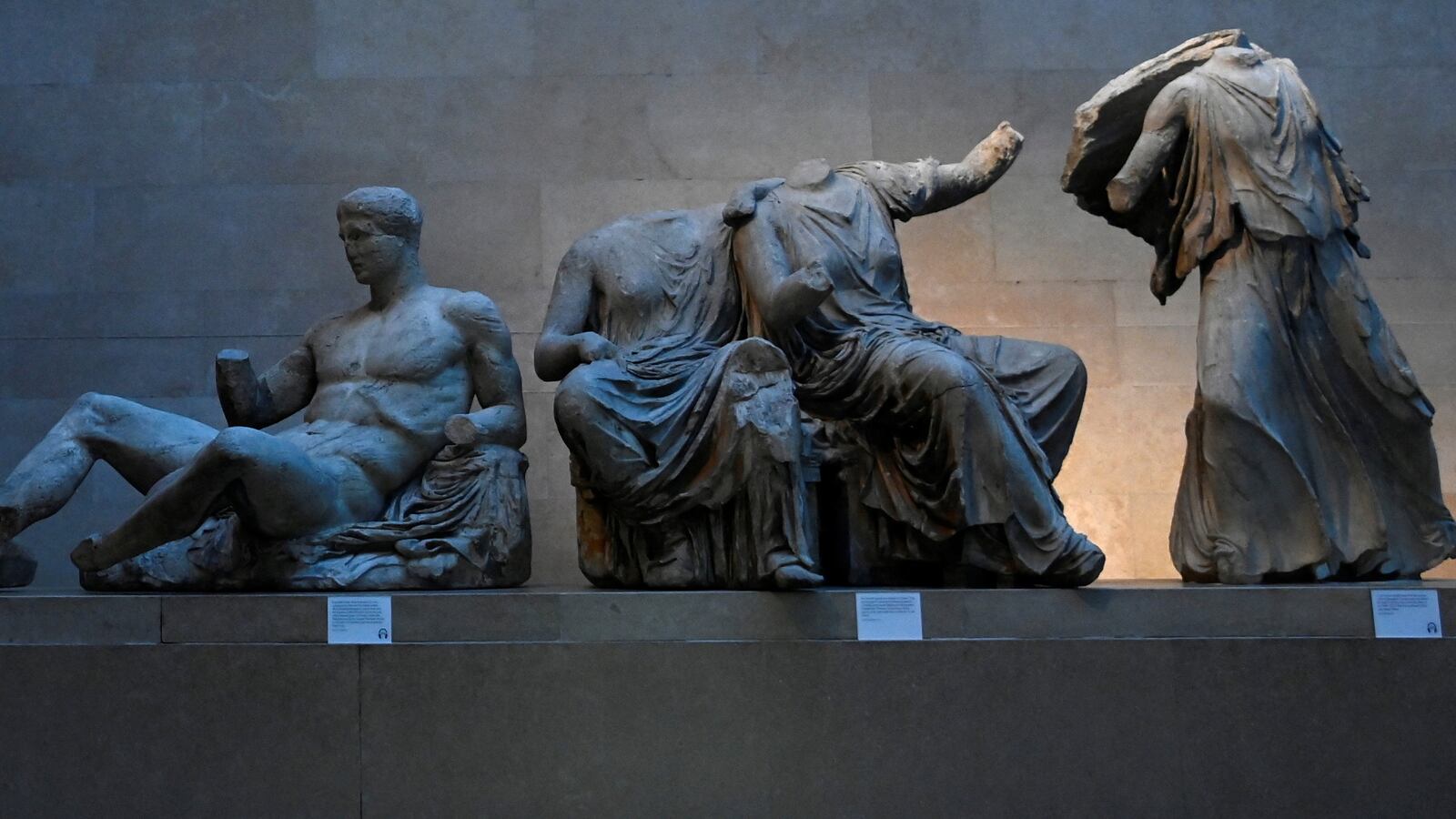 Sections of a Greek temple that form part of the Parthenon sculptures, sometimes referred to in the UK as the Elgin Marbles, on display at the British Museum in London, Britain, January 25, 2023.