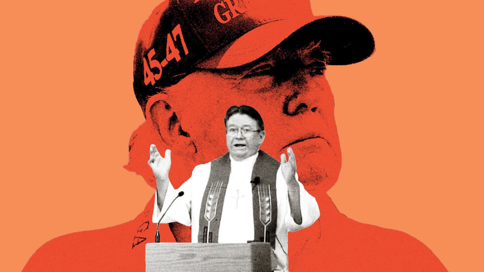 A photo illustration shows pastor Stephen Lee at the pulpit in black and white with Donald Trump looming behind him in orange.