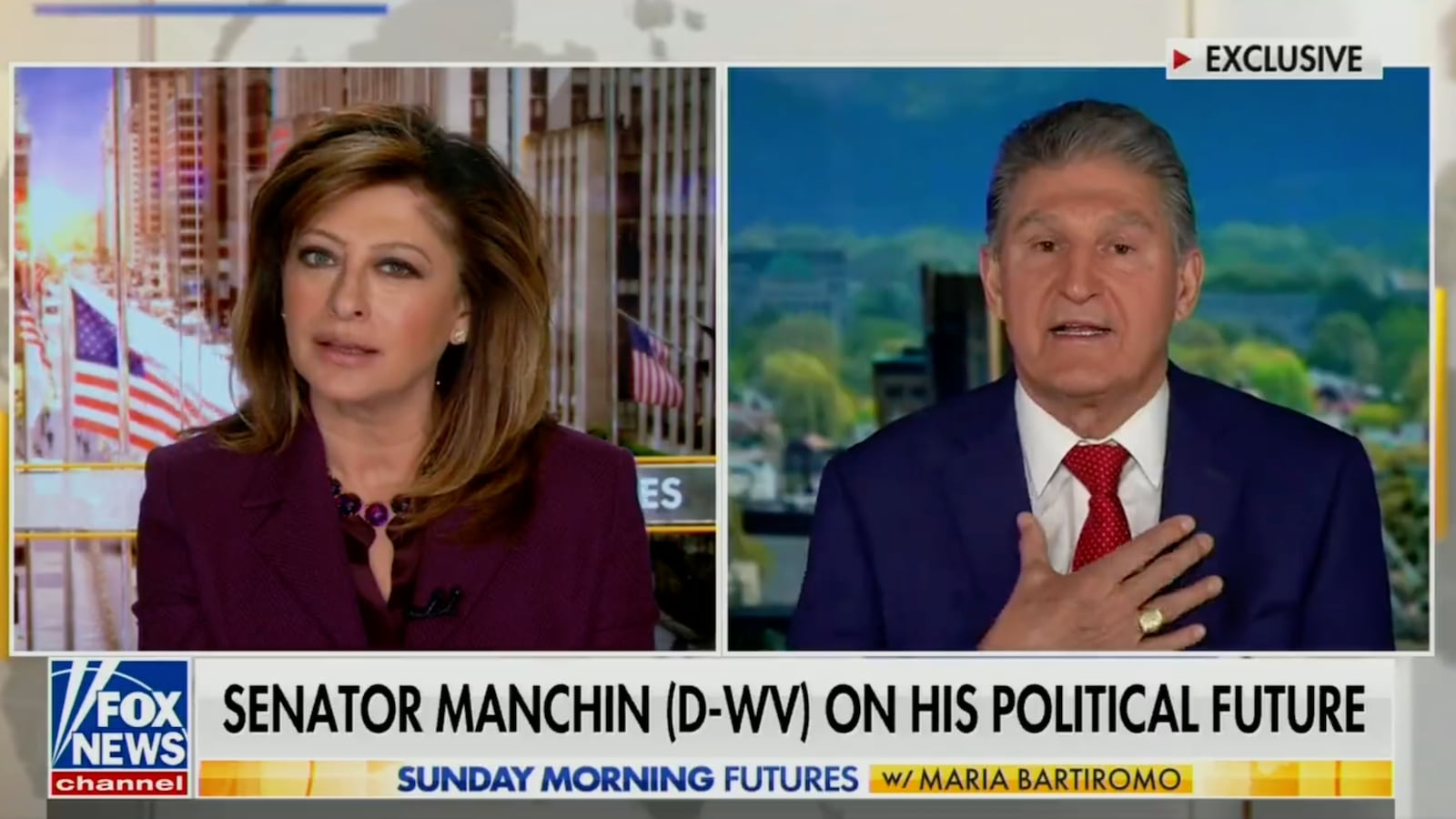 A screenshot of Fox News Sunday Morning Futures showing Maria Bartiromo and Joe Manchin