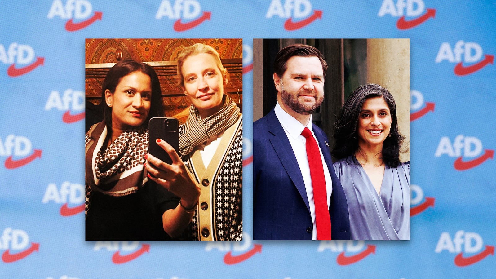 A photo illustration of Sarah Bossard, Alice Weidel, JD Vance, and Usha Vance.