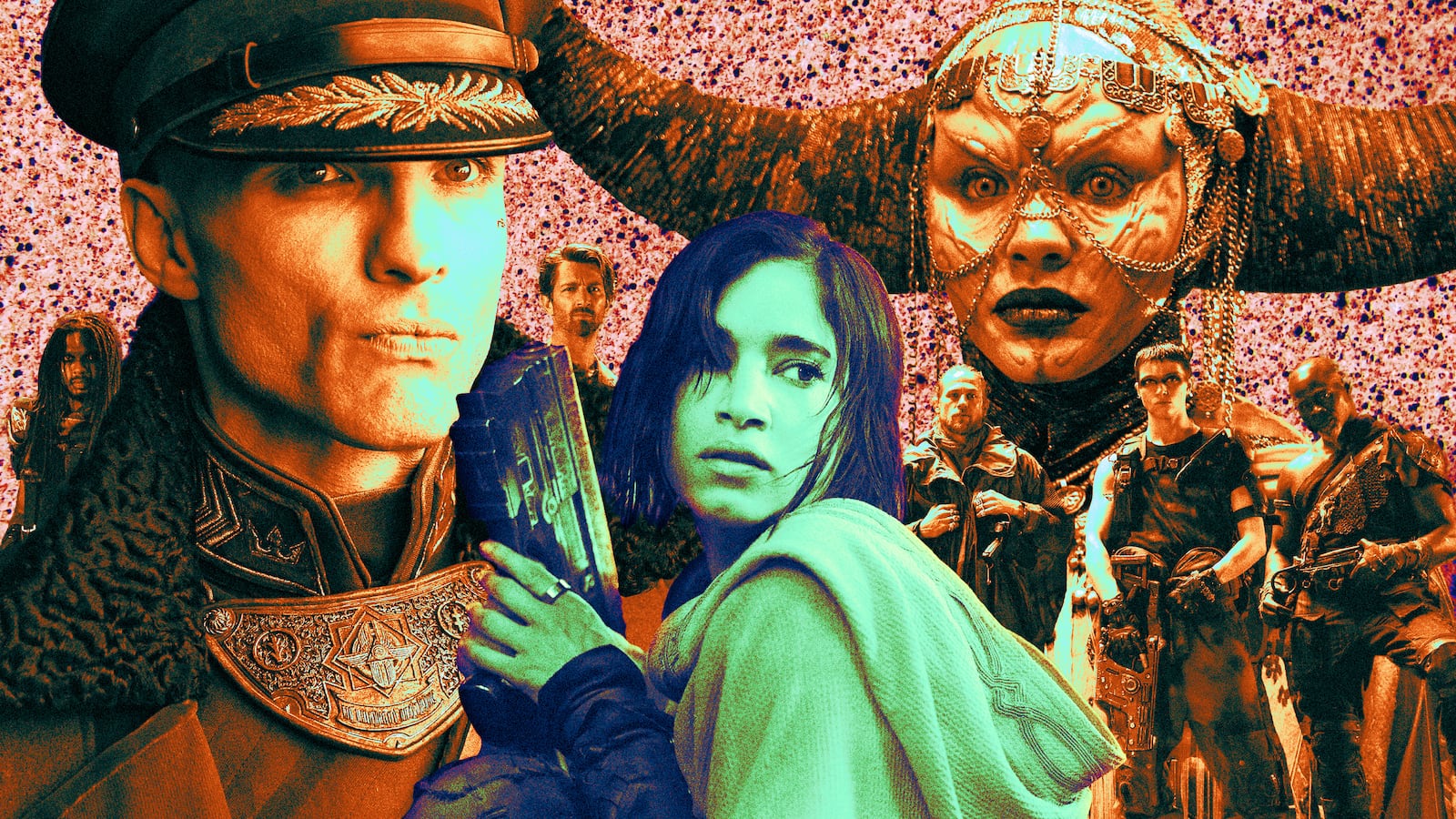 A photo illustration of the cast from Netflix's Rebel Moon.