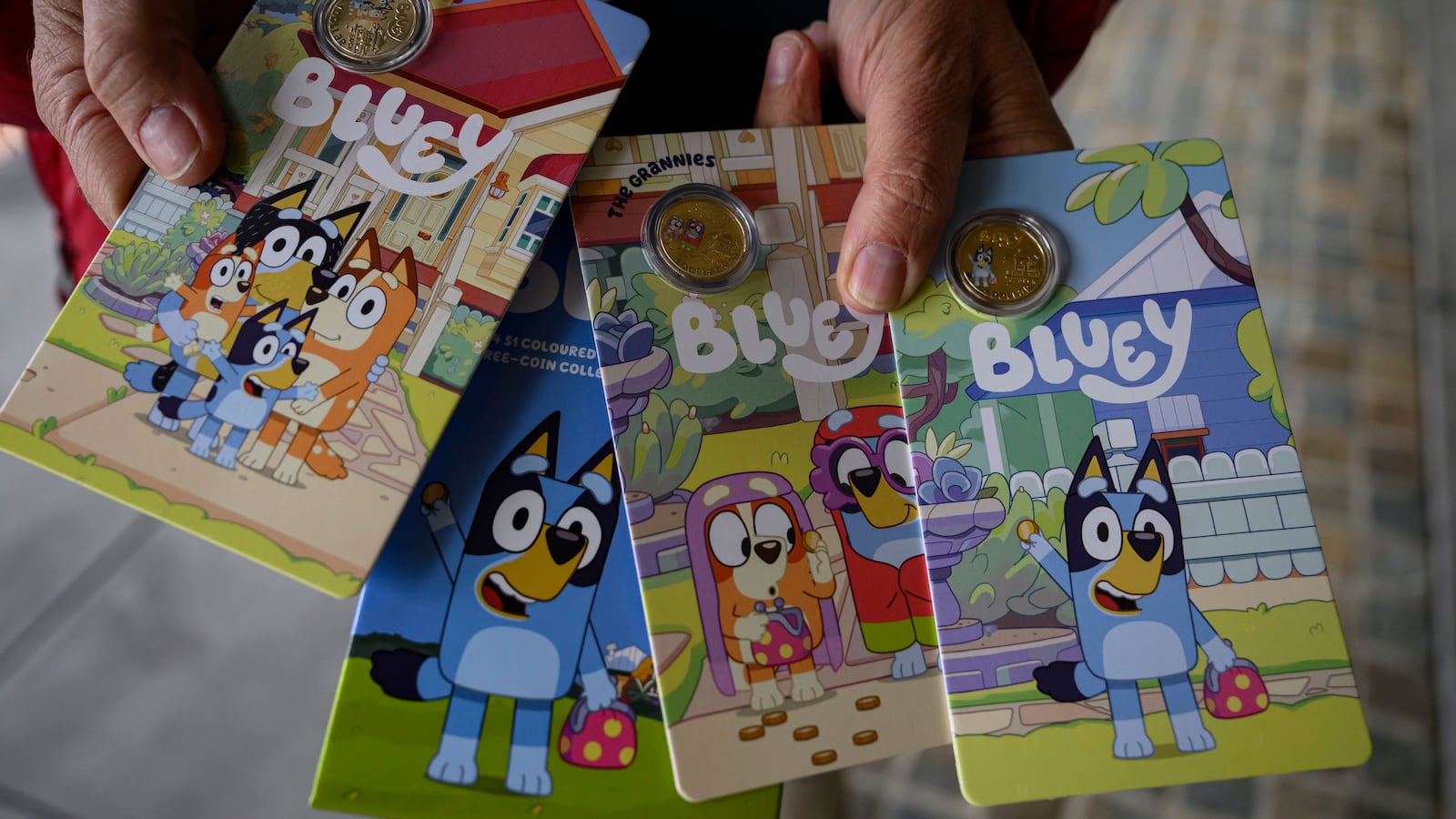 The complete set of Bluey commemorative coins. The Royal Australian Mint released a set of commemorative coins featuring characters from the popular Australian television series "Bluey" on June 6th. Hundreds of people queued up early in the morning in front of the Temporary Mint Coin Shop in Canberra before it opened to get their hands on the set.