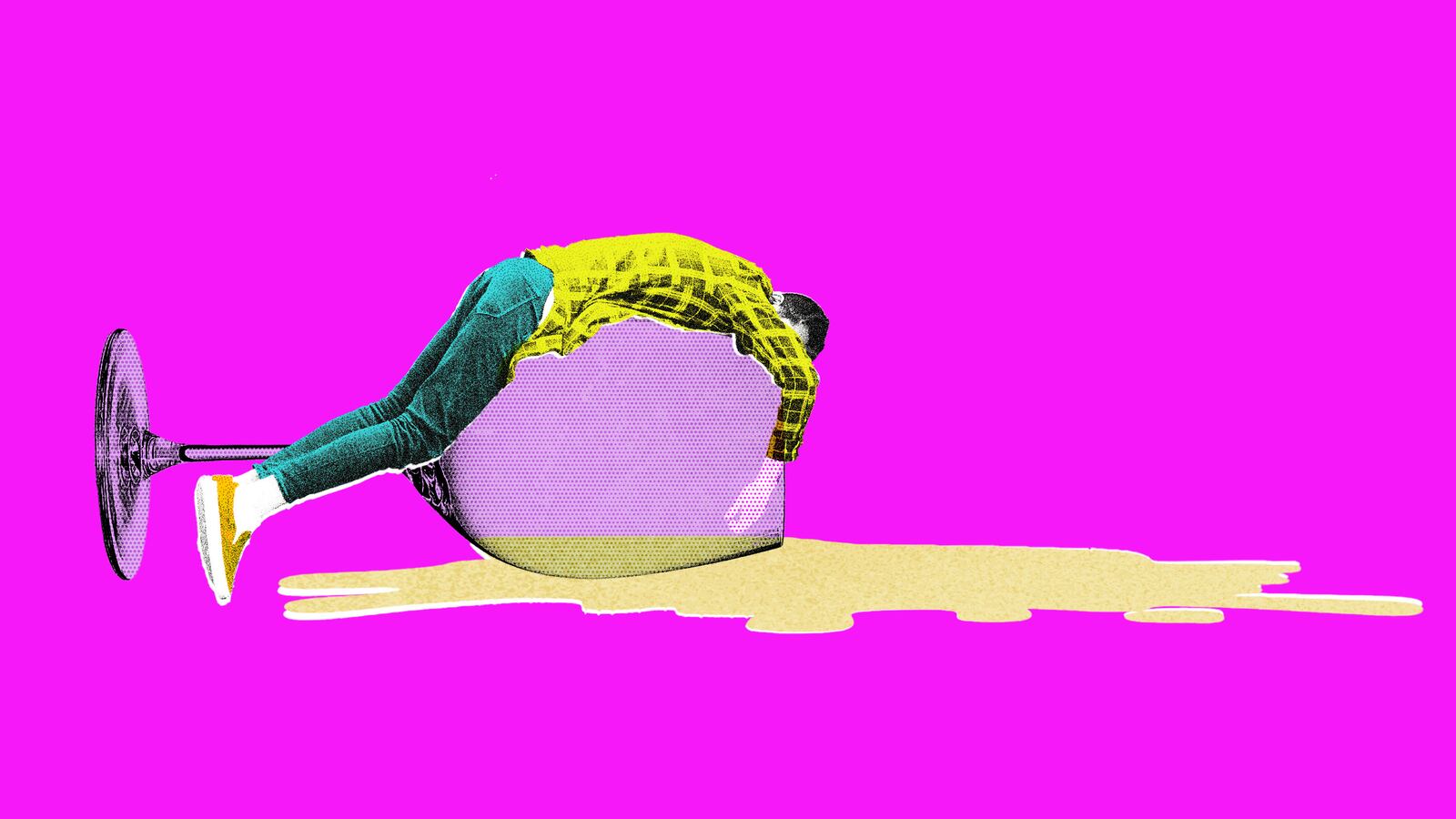 Man passed out draped over a spilled glass of white wine