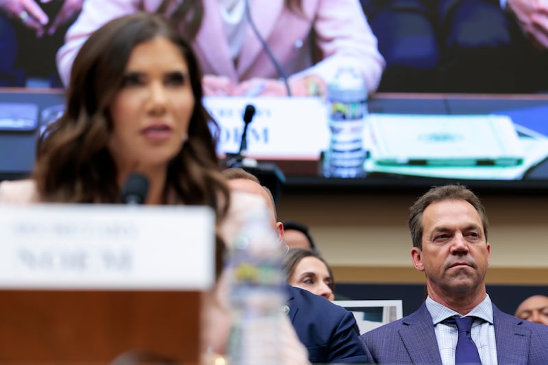 Bryon Noem, husband of Secretary of Homeland Security Kristi Noem, looks on as she testifies during a House Judiciary Committee hearing on March 04, 2026 in Washington, DC.