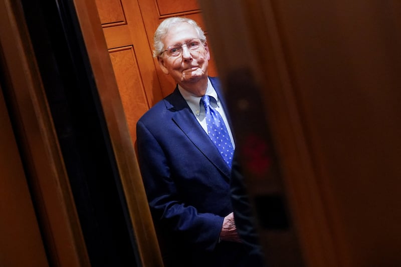 U.S. Senator Mitch McConnell (R-KY) stands in an elevator at the U.S. Capitol on the third day of a partial government shutdown, on Capitol Hill in Washington, D.C., U.S., October 3, 2025. REUTERS/Nathan Howard