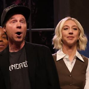 SATURDAY NIGHT LIVE -- Episode 1870 -- Pictured: (l-r) Bowen Yang, Ego Nwodim, Kenan Thompson, Dana Carvey as Elon Musk, Heidi Gardner, Marcello Hernández, Sarah Sherman, and Colin Jost during the "SNL For Trump" Cold Open on Saturday, November 9, 2024 -- (Photo by: Will Heath/NBC via Getty Images)