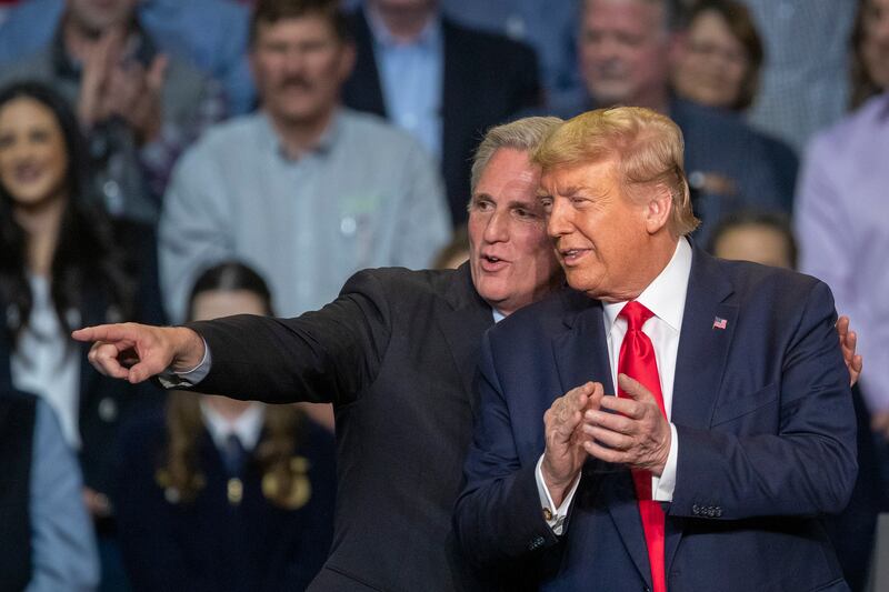 House Minority Leader Kevin McCarthy and U.S. President Donald Trump attend a legislation signing rally with local farmers on February 19, 2020 in Bakersfield, California.